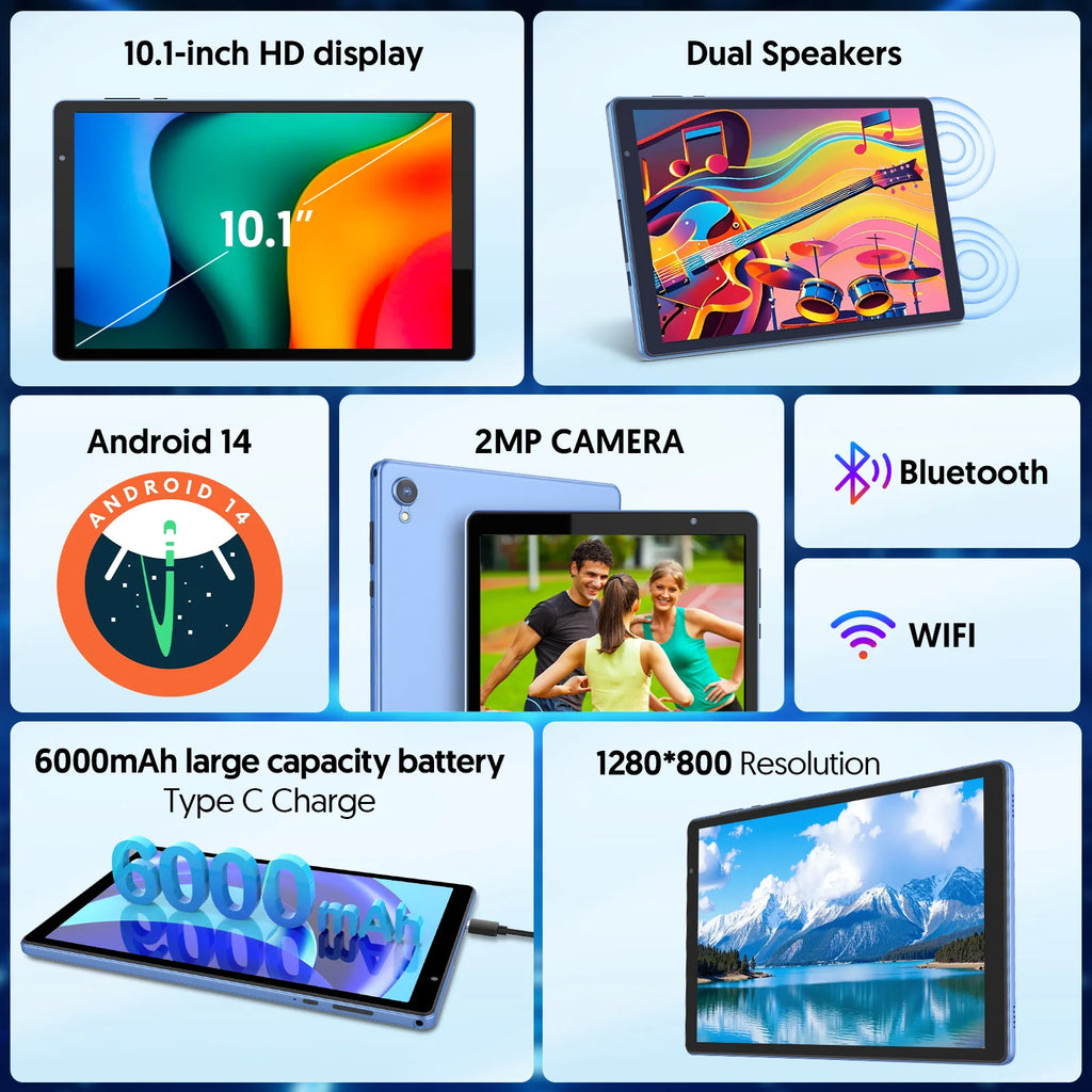 Tablet Android 14 de 10.1": 4GB RAM, 32GB ROM, Quad-Core, 6000mAh