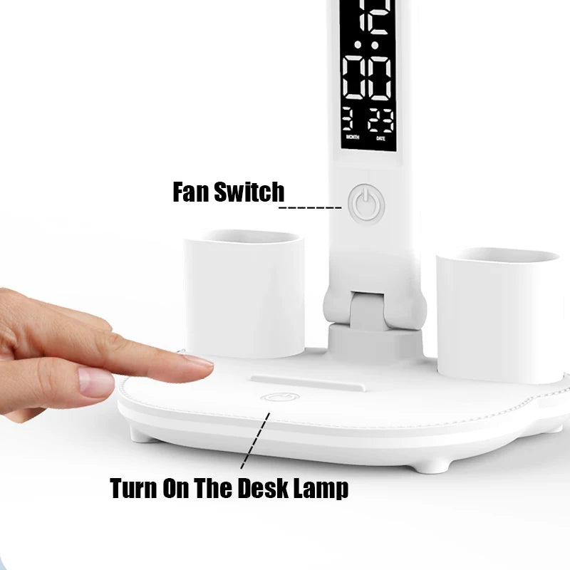 Lámpara de escritorio multifuncional 3 en 1, lámpara LED de escritorio plegable de cuatro cabezales con ventilador, calendario, reloj, lámpara de escritorio de oficina de lectura recargable por USB