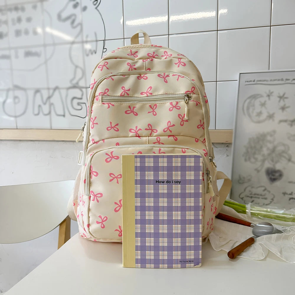 Mochila coreana con estampado de lazo para mujer, morral escolar ligero y sencillo para estudiante, conjunto de tres piezas