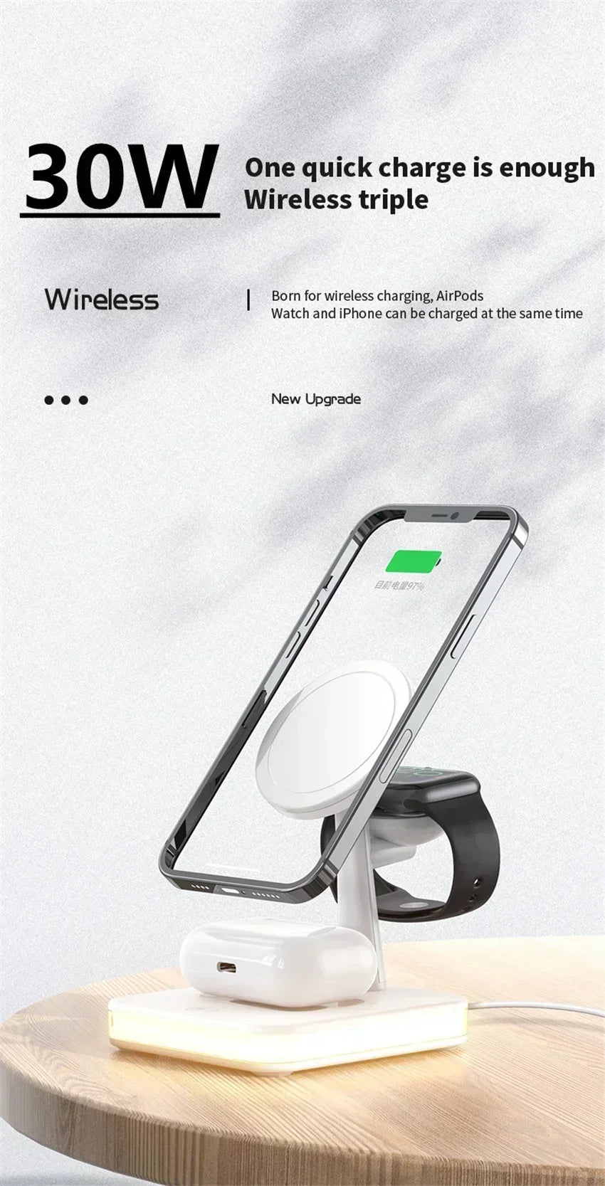 Base de Carga Inalámbrica Magnética 3 en 1 con LED para Escritorio, Compatible con iPhone 17~12 Pro Max, Airpods Pro y Apple Watch, Estación de Carga Rápida