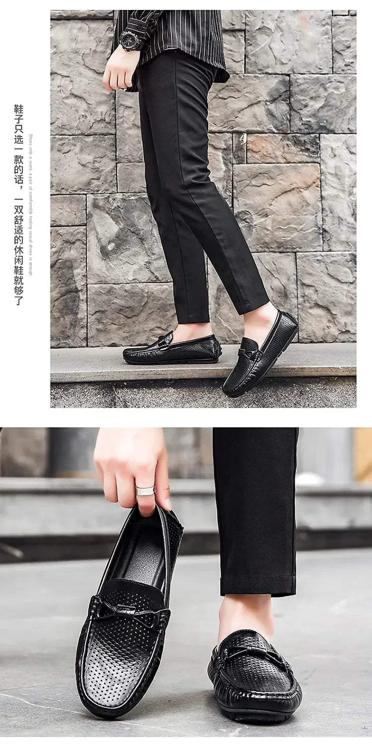 Mocasines de cuero genuino sin cordones para hombre, elaborados a mano