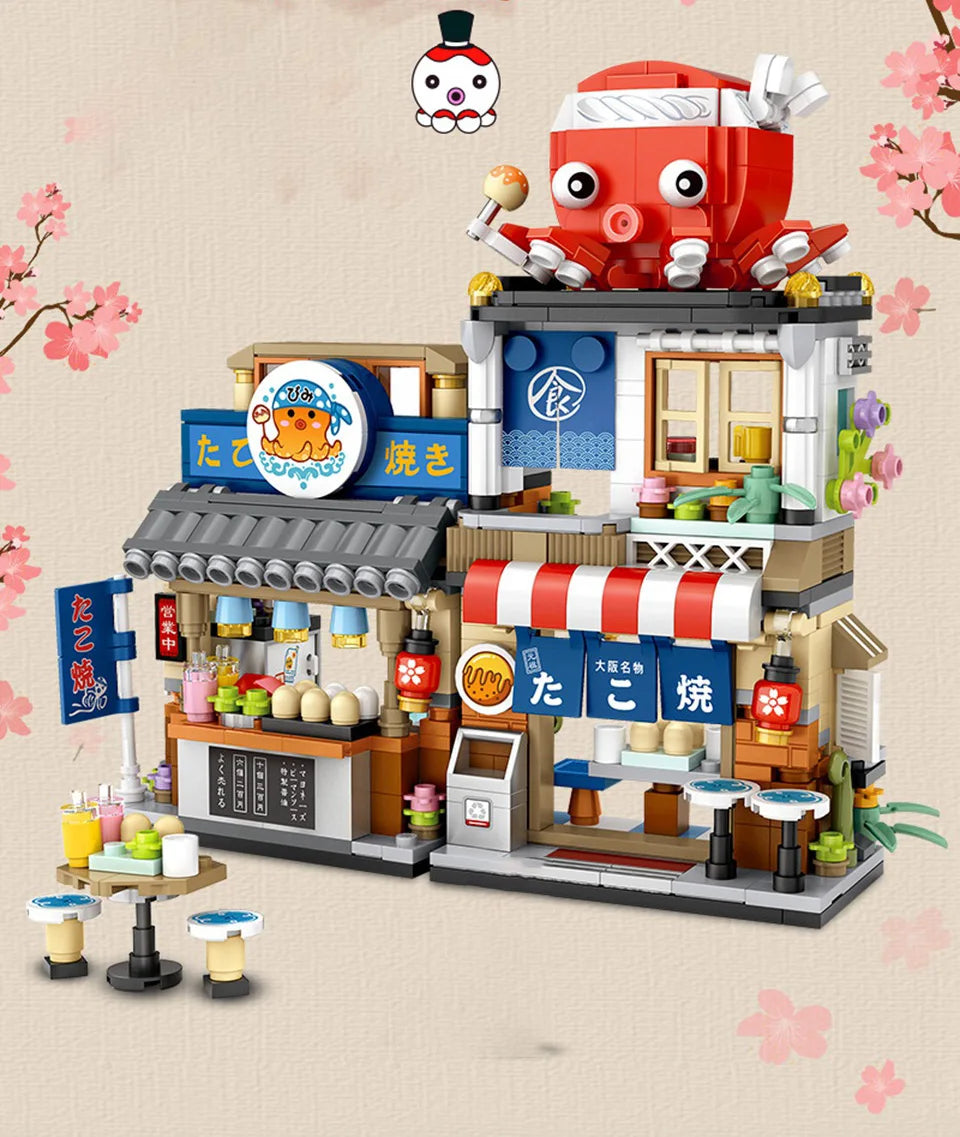 Bloques de Construcción LOZ-1219 Snack Street, Modelo DIY de Tienda de Té con Leche y Takoyaki, Decoración de Escritorio, Regalo Coleccionable para Adultos, Cumpleaños, Festividades