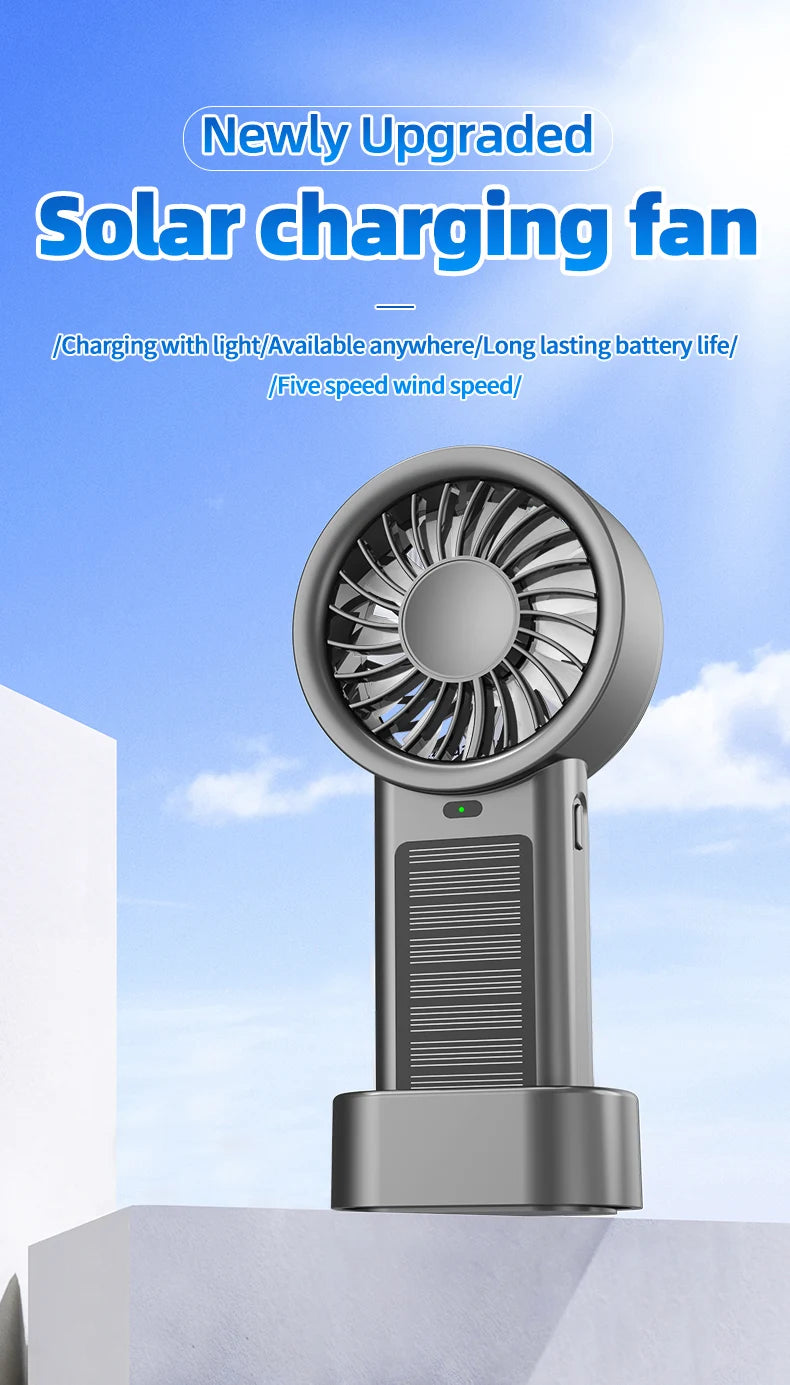 Ventilador solar portátil 5 velocidades, recargable USB para camping