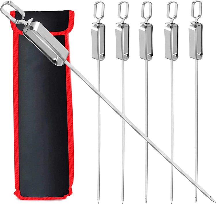 LMETJMA-brochetas Kabob de 17 pulgadas para asar, brochetas planas de acero inoxidable para barbacoa con mango deslizante de Metal de liberación rápida JT45