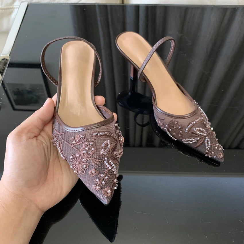 Sandalias de Tacón Alto con Malla Bordada y Cuentas para Mujer
