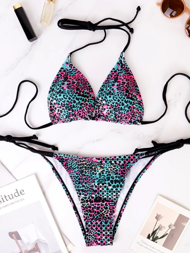 Conjunto de Bikini dividido de dos piezas para mujer, traje de baño de verano con tiras y cordones, estampado de lunares coloridos, traje de baño para vacaciones en la playa
