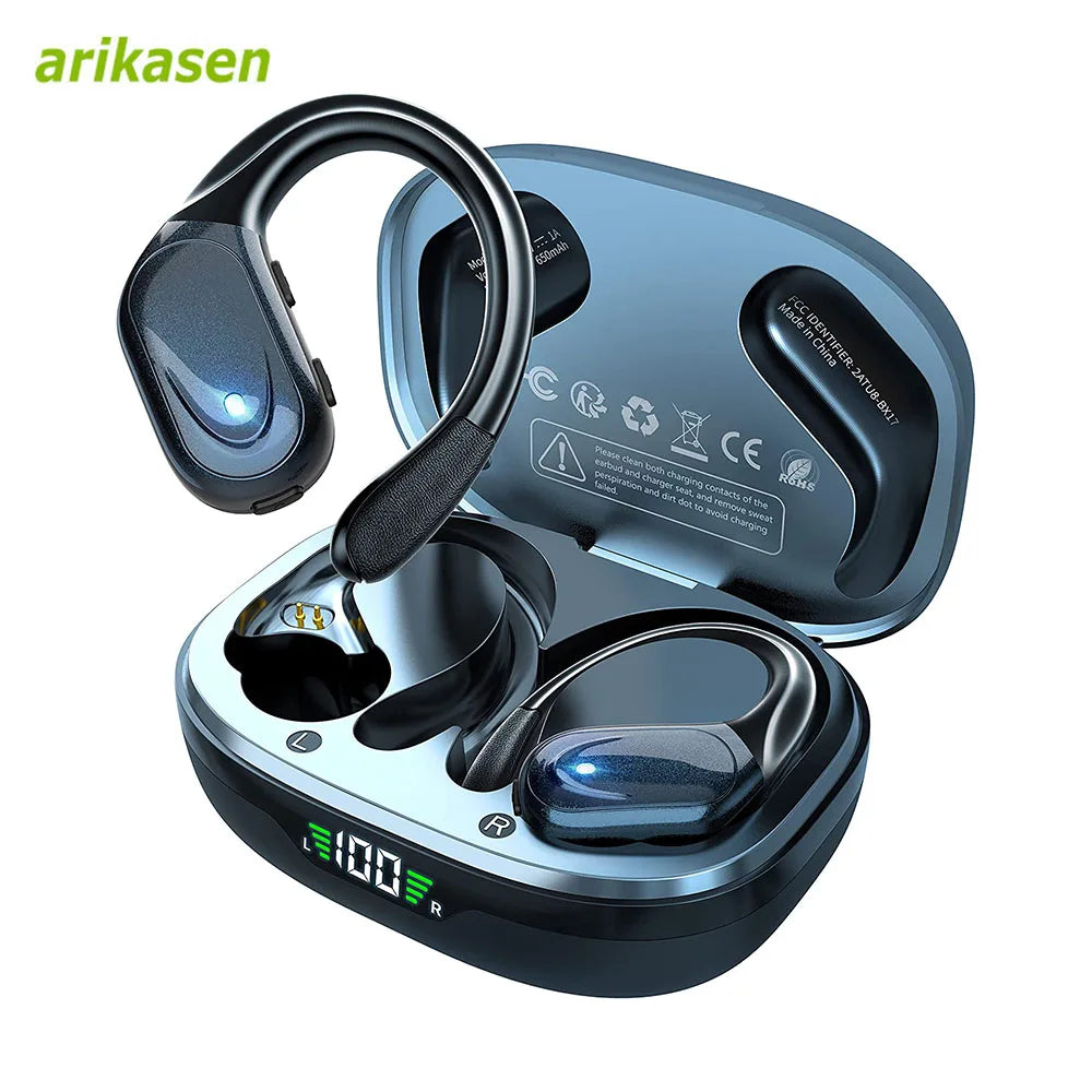 Auriculares inalámbricos deportivos Bluetooth 5,3 con micrófono con cancelación de ruido 75H estéreo HiFi sobre la oreja pantalla LED USB-C IPX6
