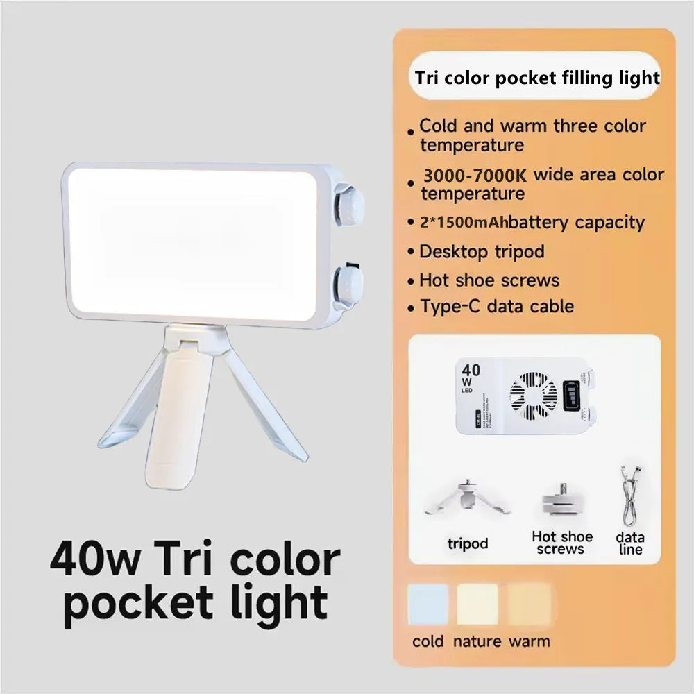 Luz de relleno portátil de 40W, luz de bolsillo para selfies, luz LED suave para fotografía exterior, luz de belleza con ventilador, luz superior para cámara