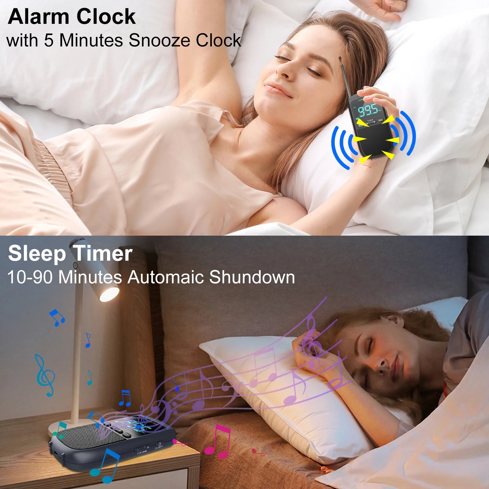 Mini Radio portátil AM/FM recargable con altavoz estéreo y despertador