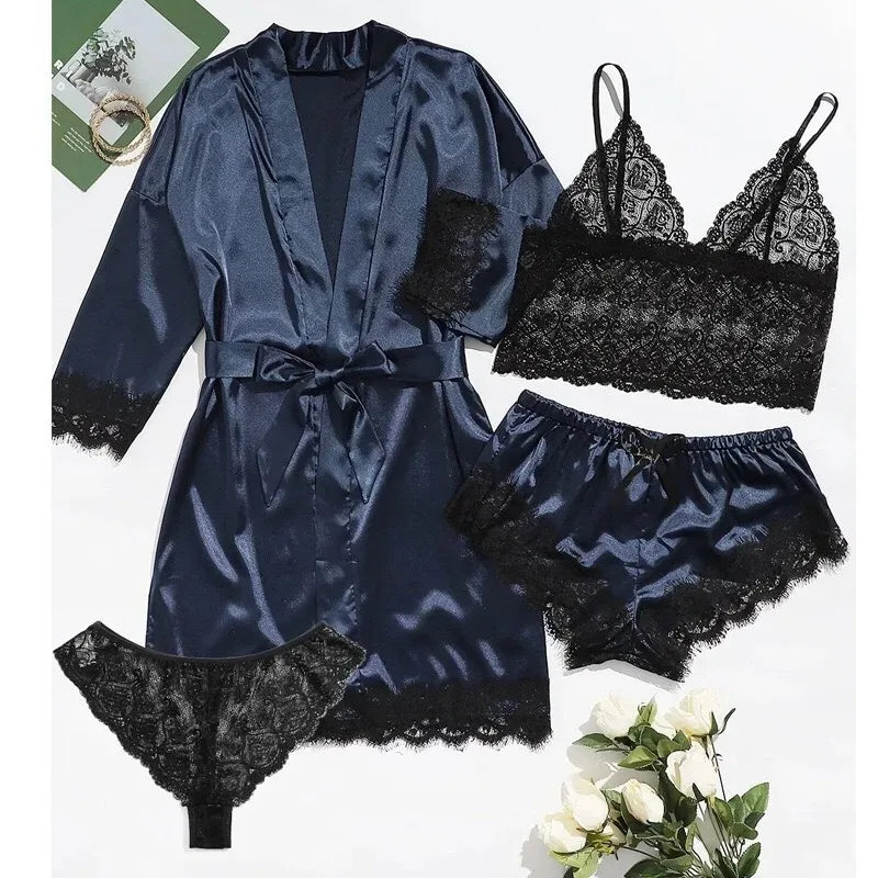 Conjunto Pijama de Satén 4 Piezas con Bata - Top con Encaje para Mujer