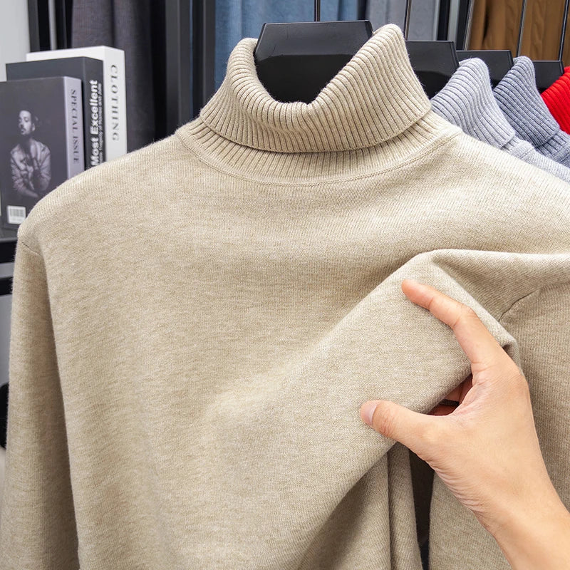 Otoño para hombre de alta calidad de punto suéter de cuello alto ajustado de manga larga anti-pilling jersey Color sólido tendencia hombres Streetwea
