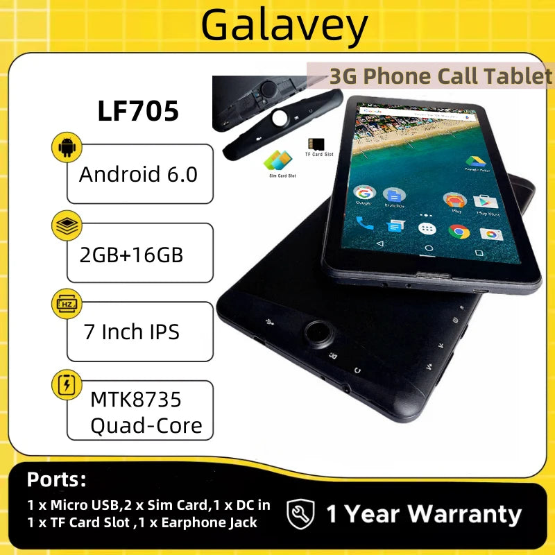Tablet LF705 3G con Llamadas Telefónicas, Pantalla de 7 Pulgadas, Android 6.0, MTK8735 Quad-Core, 2GB de RAM, 16GB de ROM, Doble SIM, Red 3G