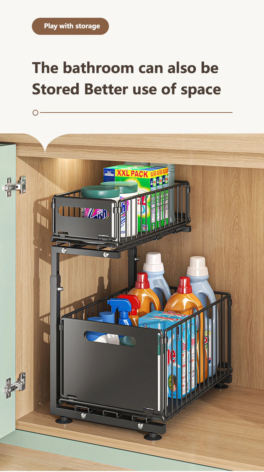 Organizador de gabinete extraíble de 2 niveles, estante de almacenamiento de cocina ajustable, organizador debajo del fregadero, estante de almacenamiento para tarros de especias, cajón deslizante