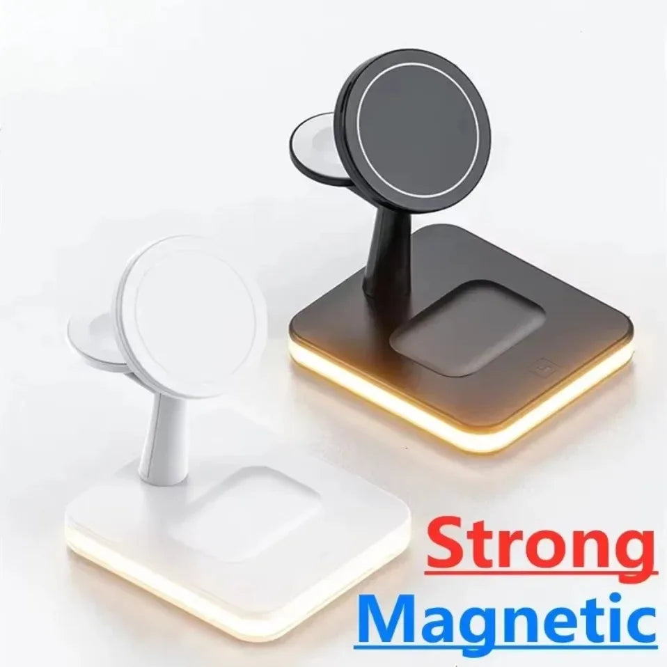 Base de Carga Inalámbrica Magnética 3 en 1 con LED para Escritorio, Compatible con iPhone 17~12 Pro Max, Airpods Pro y Apple Watch, Estación de Carga Rápida