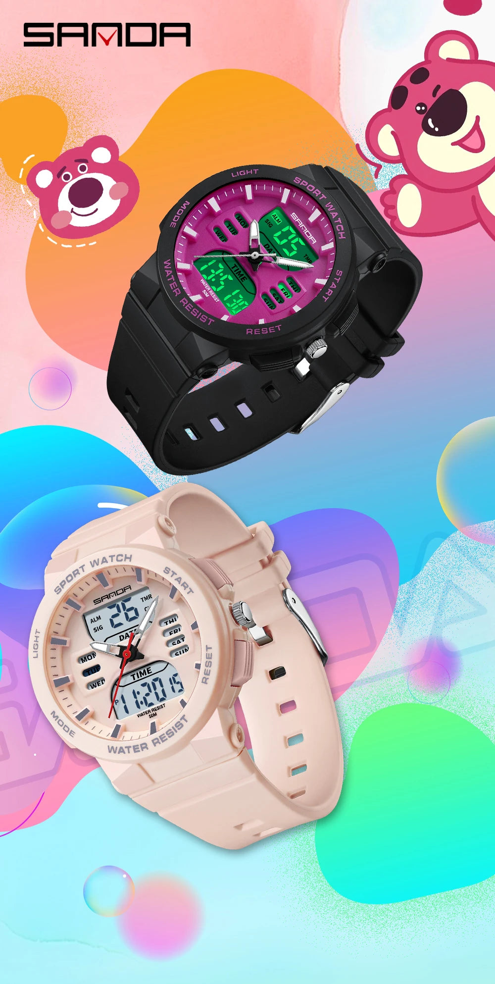 Reloj Digital LED SANDA 6185 para Mujer Pantalla Dual Resistente al Agua