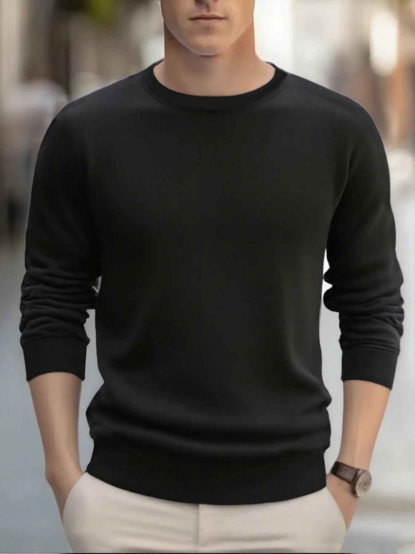 Suéter de punto para hombre, cuello redondo, colores sólidos