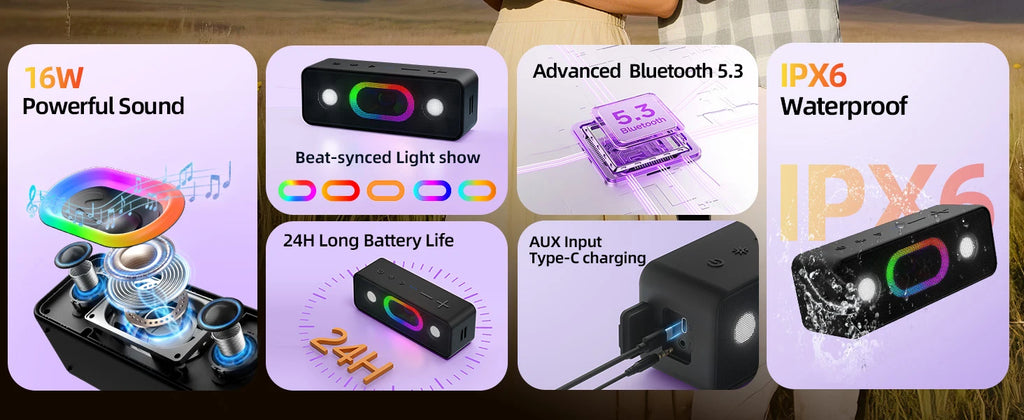 Altavoz Bluetooth Ortizan, Altavoz portátil con sonido estéreo fuerte de 16 W, 24 horas de reproducción, Altavoces inalámbricos Bluetooth 5.3, graves profundos,