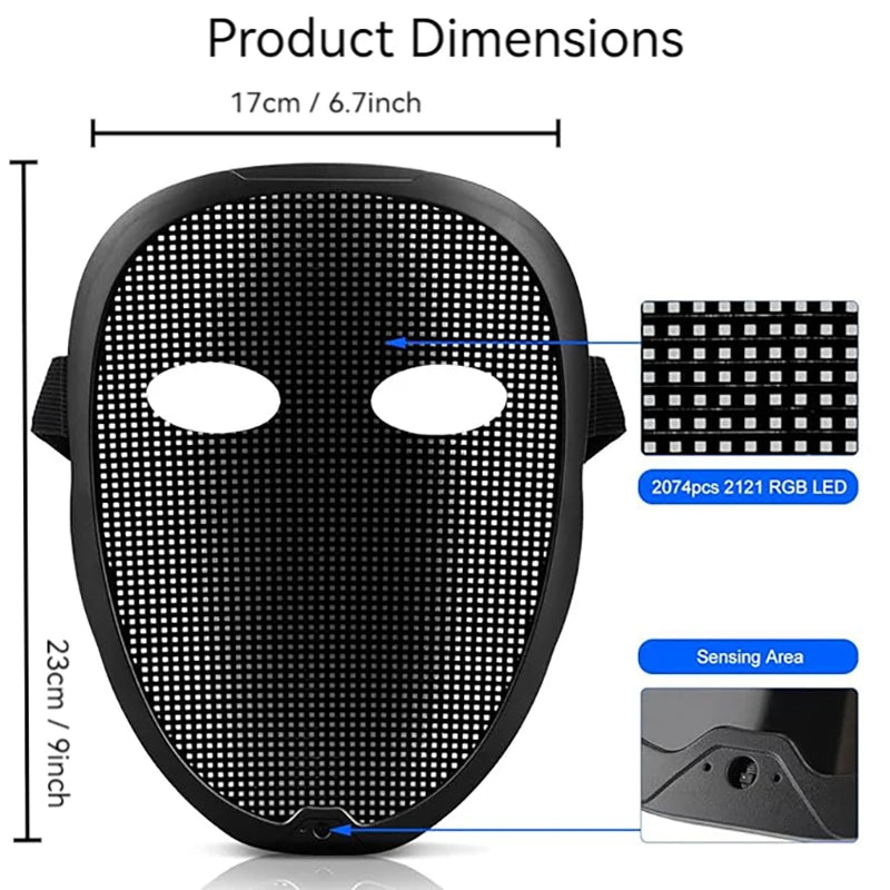 Máscaras Faciales LED Inteligentes Programables con Control por Aplicación Bluetooth, Cambio de Fotos DIY, Máscara LED Luminosa para Fiestas de Halloween