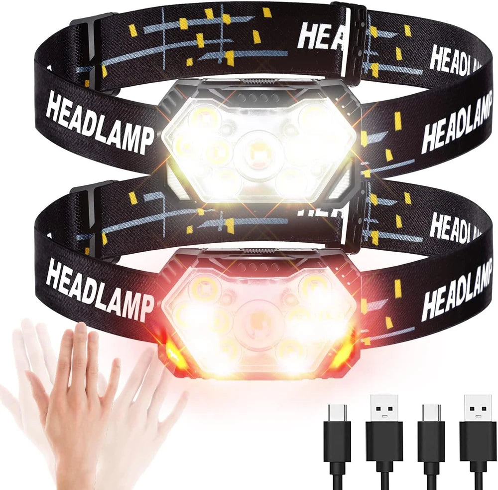 Linterna frontal 9 LED recargable USB con sensor movimiento