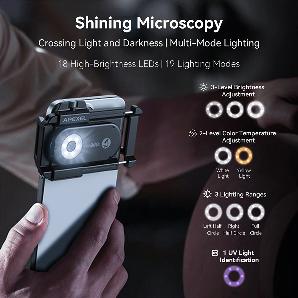 Lente Microscopio 300X para Celular con Luz LED APEXEL