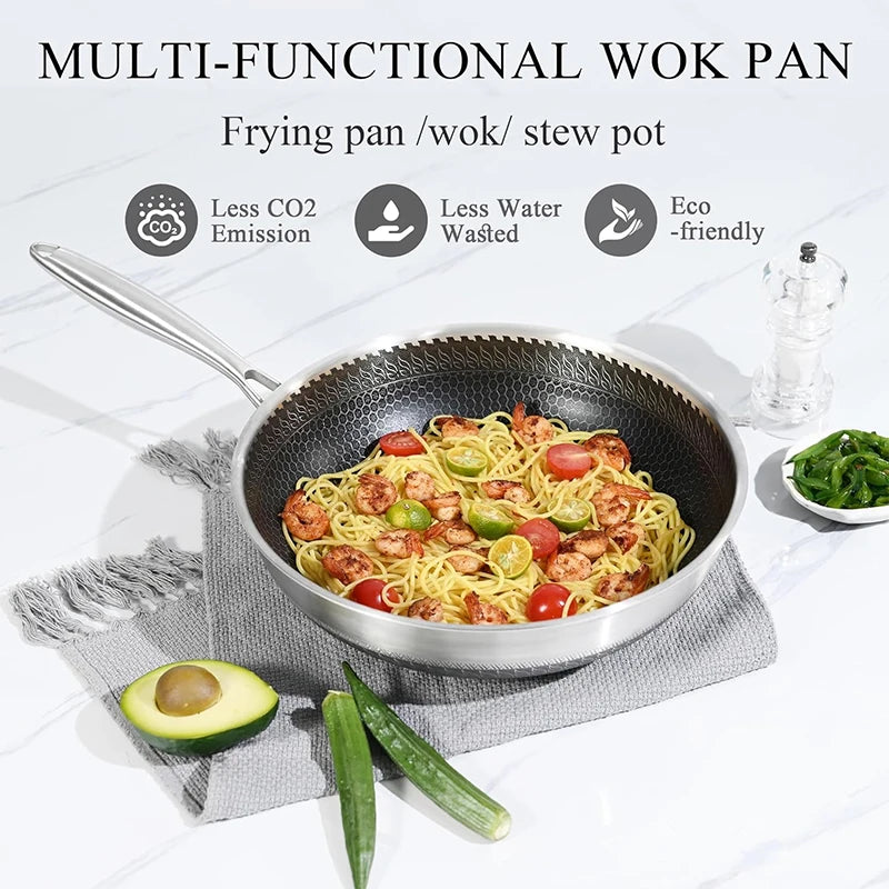 Sartén Wok de acero inoxidable 316, sartén Wok antiadherente de panal, sartén grande para freír con mango, Compatible con inducción JT560