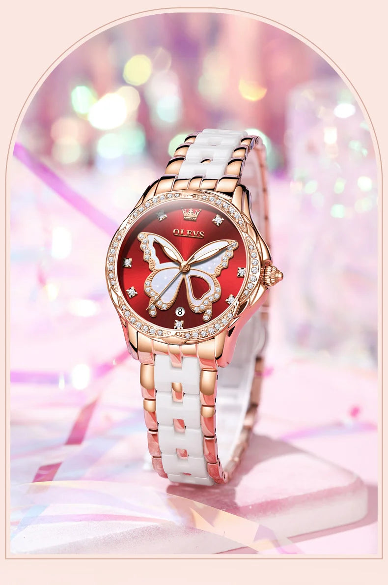 Reloj de Cuarzo OLEVS para Mujer, Correa de Cerámica, Diseño Mariposa