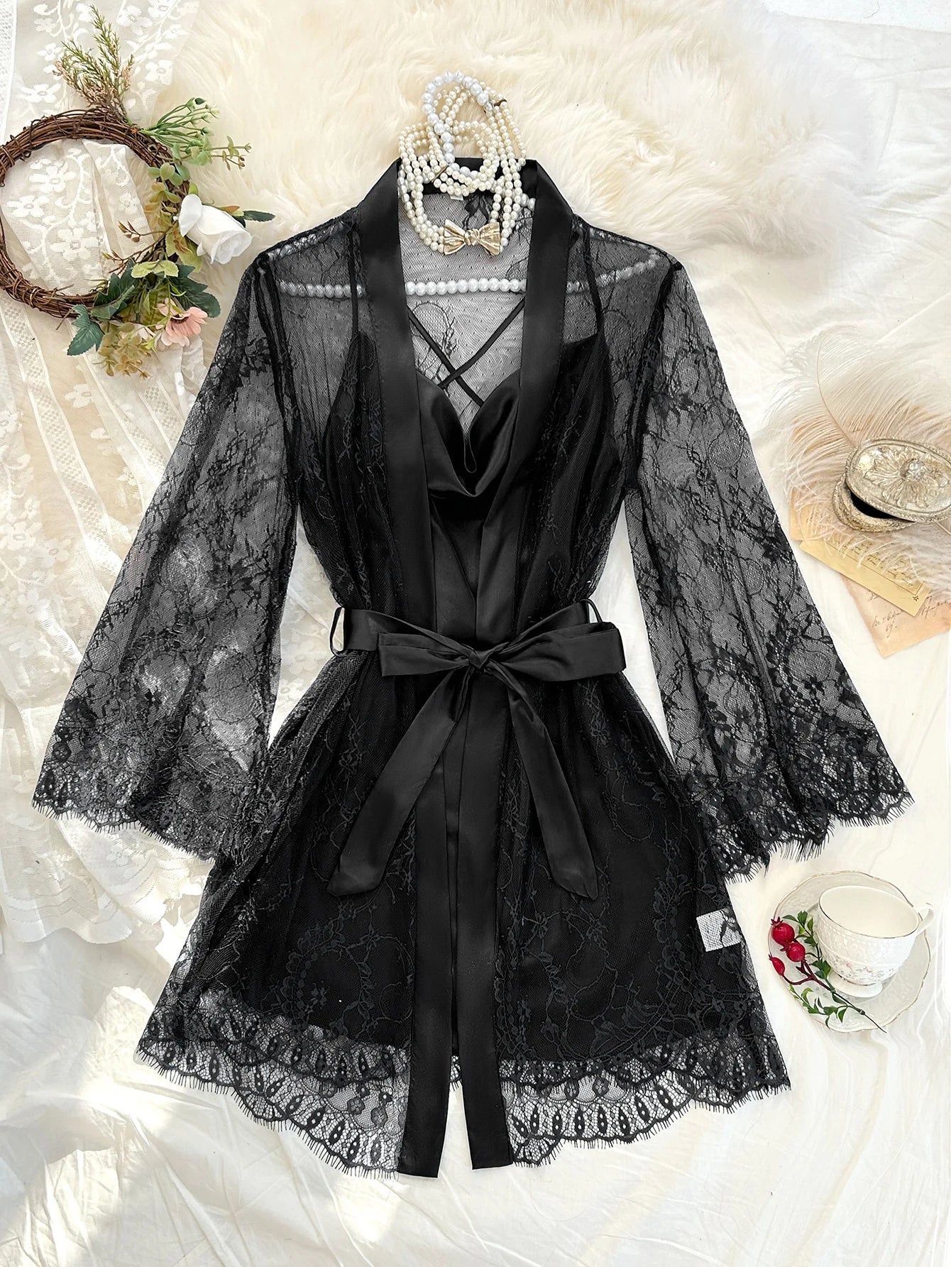 Conjunto de Camisón y Bata de Encaje para Mujer — Ropa de Dormir Sexy