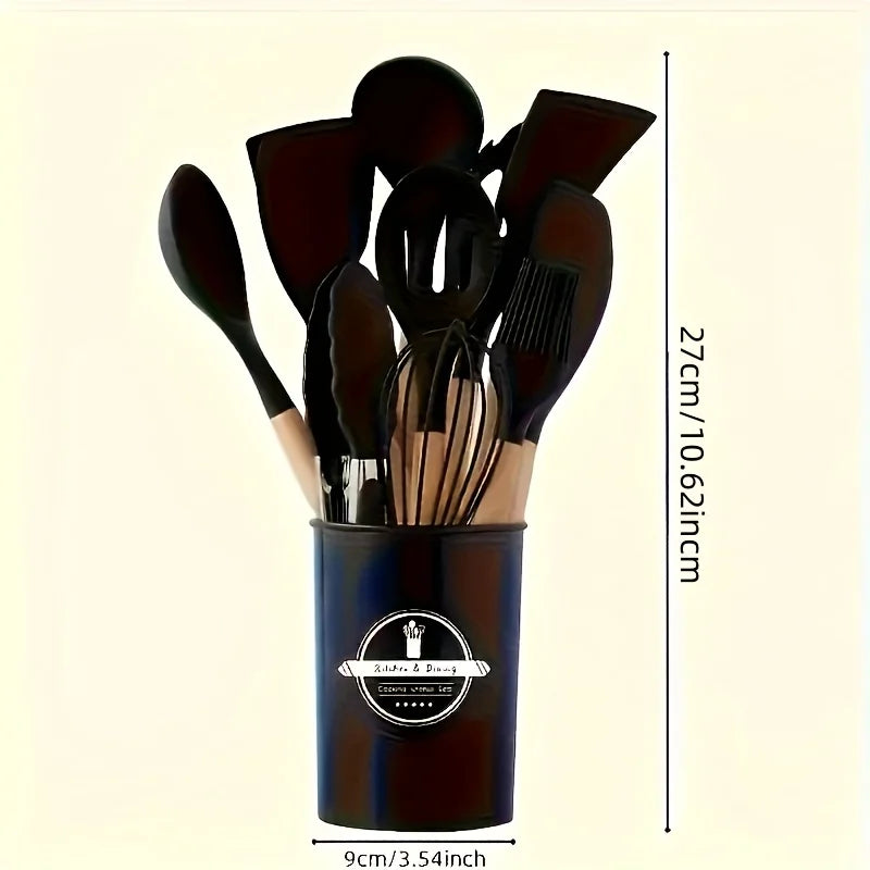 Juego de utensilios de cocina de silicona con mango, olla antiadherente, juego de utensilios de cocina, cubo de almacenamiento, accesorios resistentes, 12 Uds.