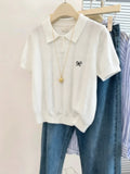 Camiseta de Punto con Cuello Polo y Bordado de Lazo, Manga Corta para Mujer