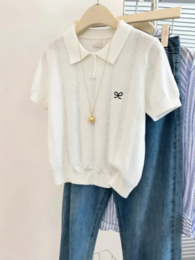 Camiseta de Punto con Cuello Polo y Bordado de Lazo, Manga Corta para Mujer