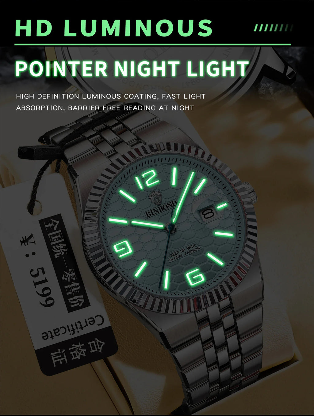 Reloj de Cuarzo BINBOND para Hombre, Esfera Luminosa, Acero Inoxidable