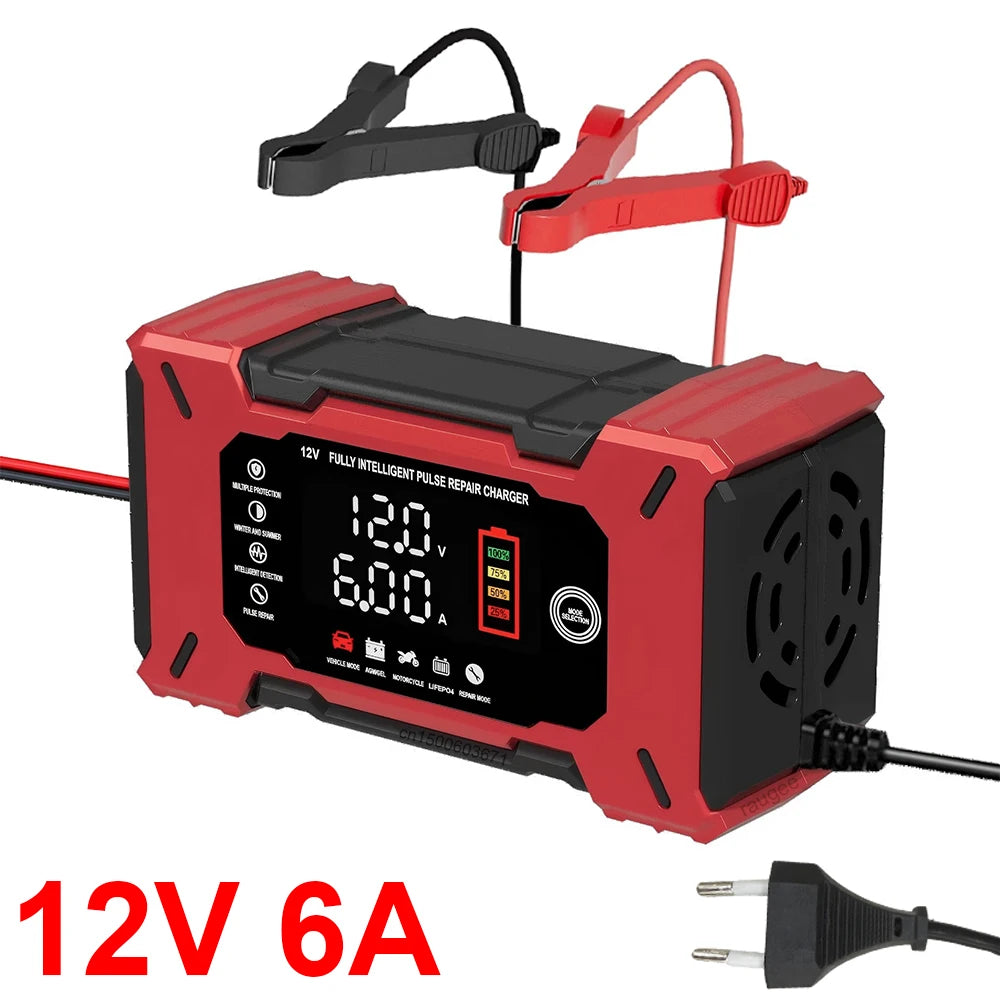 Cargador de batería inteligente 12V 6A con reparación por pulsos para autos y motos