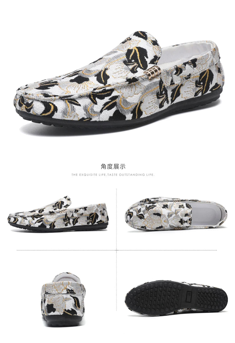 Zapatos Casuales Florales para Hombre | Estilo Mocasín Azul y Blanco