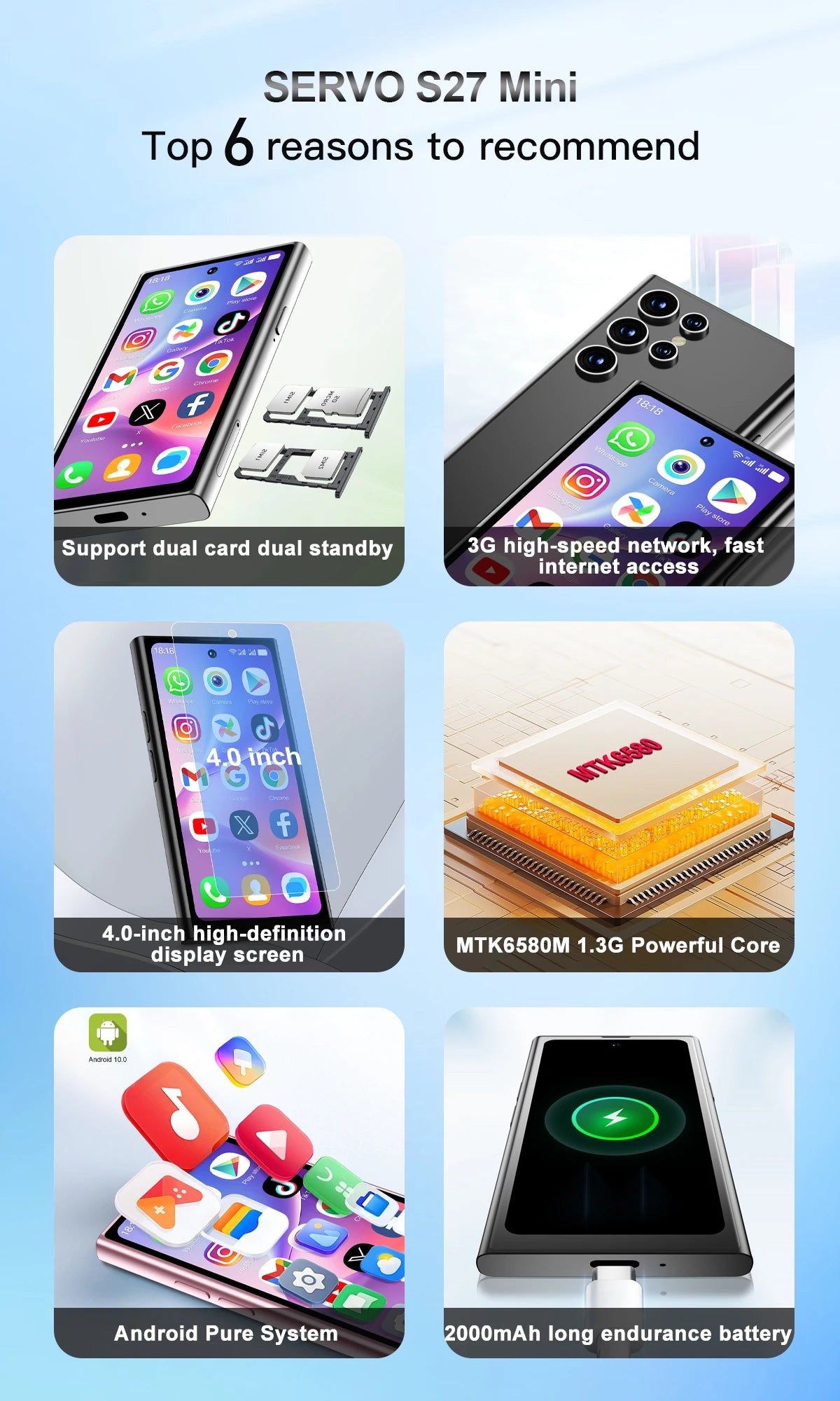 SERVO S27 MINI Android Palm Smartphone 3G WCDMA RAM 2GB ROM 16GB Google Play Desbloqueo facial Dual SIM Pantalla de 4,0 "Mini teléfonos inteligentes