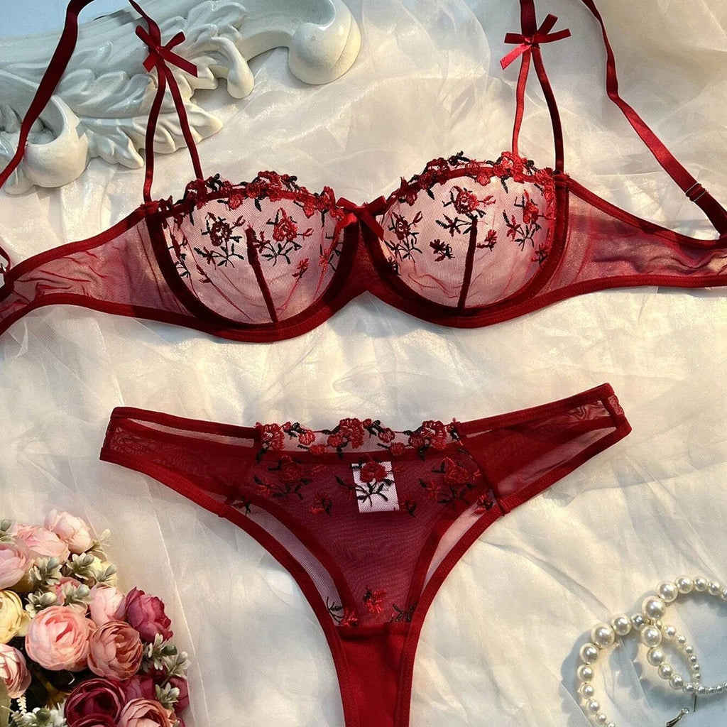 Conjunto de Sujetador y Braguitas con Bordado Floral para Mujer