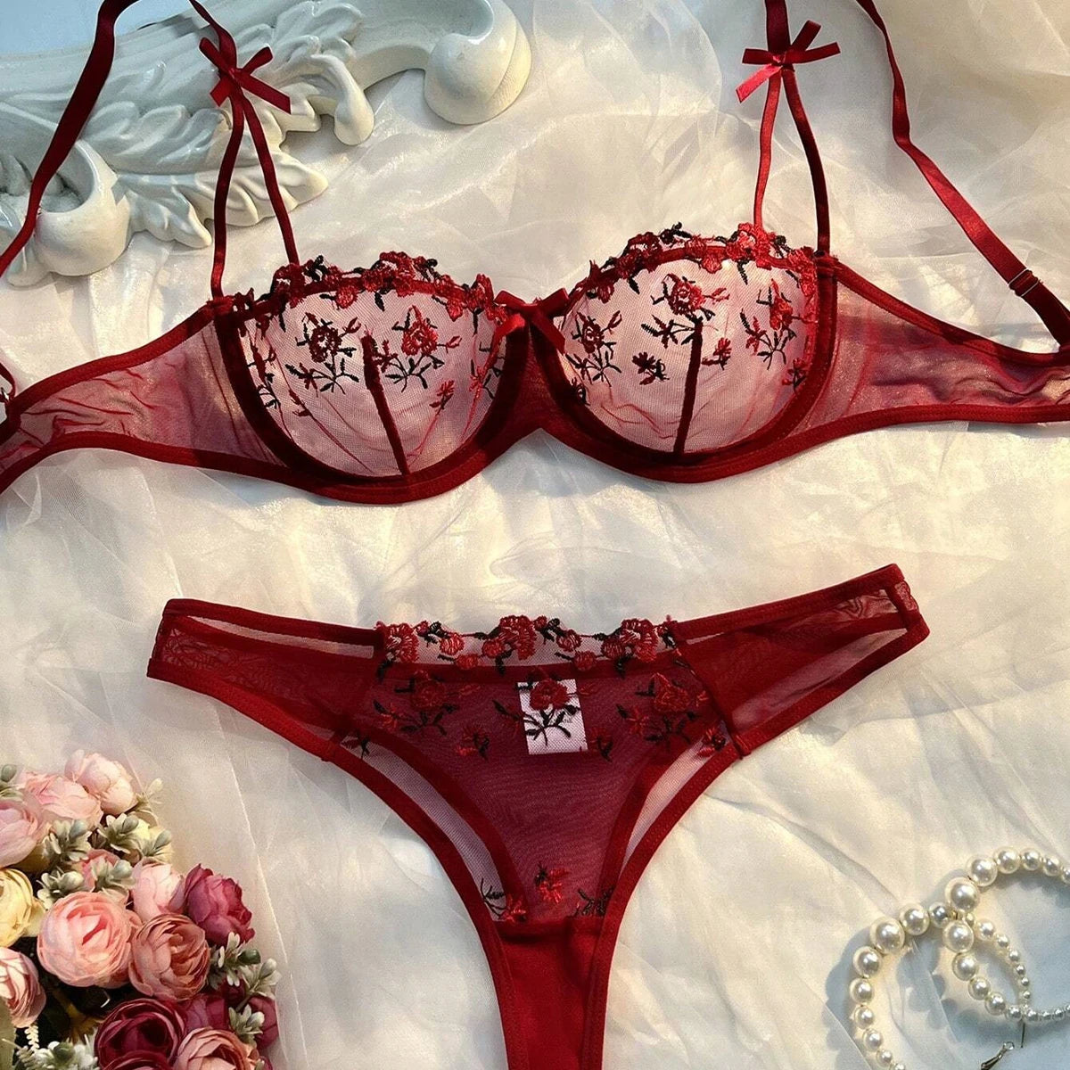 Conjunto de Sujetador y Braguitas con Bordado Floral para Mujer