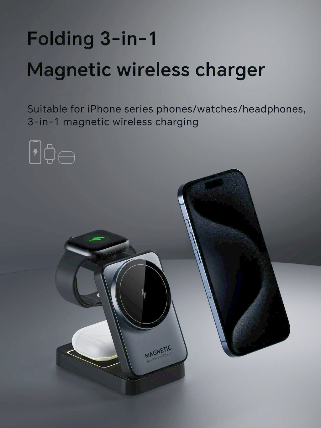 Soporte de Carga Inalámbrico Magnético 3 en 1 Plegable para Magsafe iPhone 16 15 14 13 Apple Watch 2-9 Airpods Pro, Estación de Carga Rápida