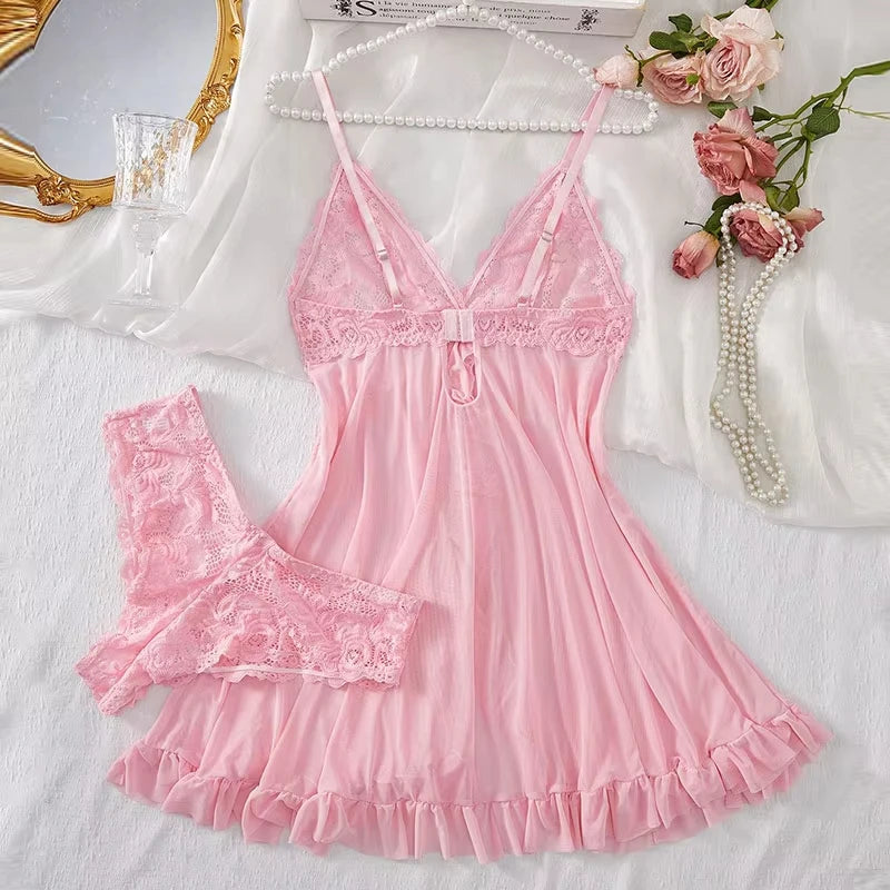 Conjunto de 2 Piezas de Camisón de Encaje para Mujer, Ropa de Dormir Elegante, Nuevo Pijama Verde Nocturno, Camisón Transparente con Abertura, Conjunto de Brasier y Panty con Cuello en V