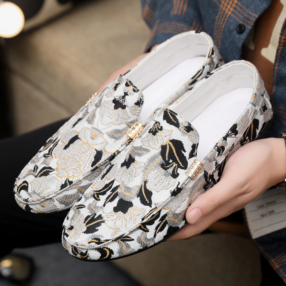 Zapatos Casuales Florales para Hombre | Estilo Mocasín Azul y Blanco