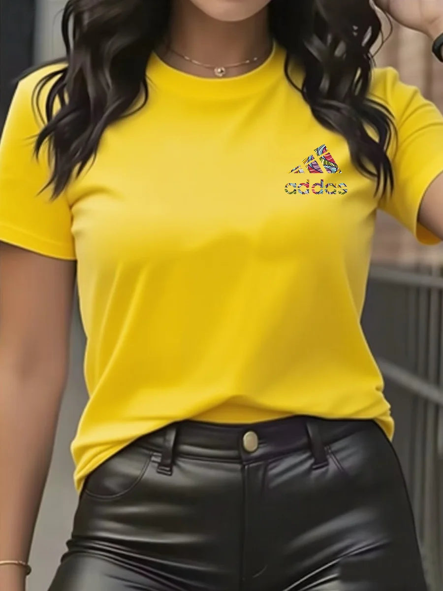 Camiseta de Algodón Ajustada de Manga Corta con Cuello Redondo