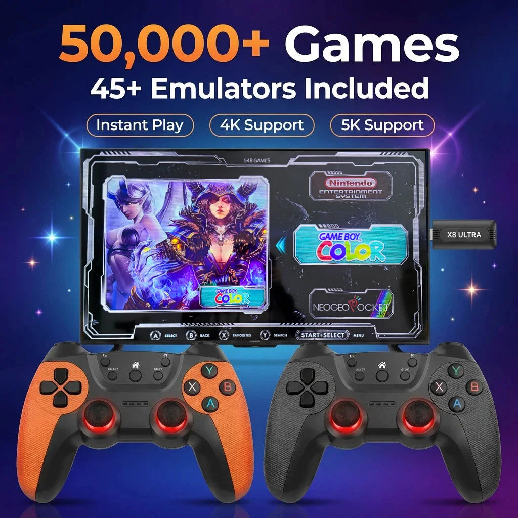Stick de juego HD 4K X8 ULTRA de uso inmediato sin configuración compleja, dos mandos inalámbricos 2,4G incluidos, 50000 juegos de ocio precargados, salida HDMI para TV, regalo divertido para fiestas y reuniones de