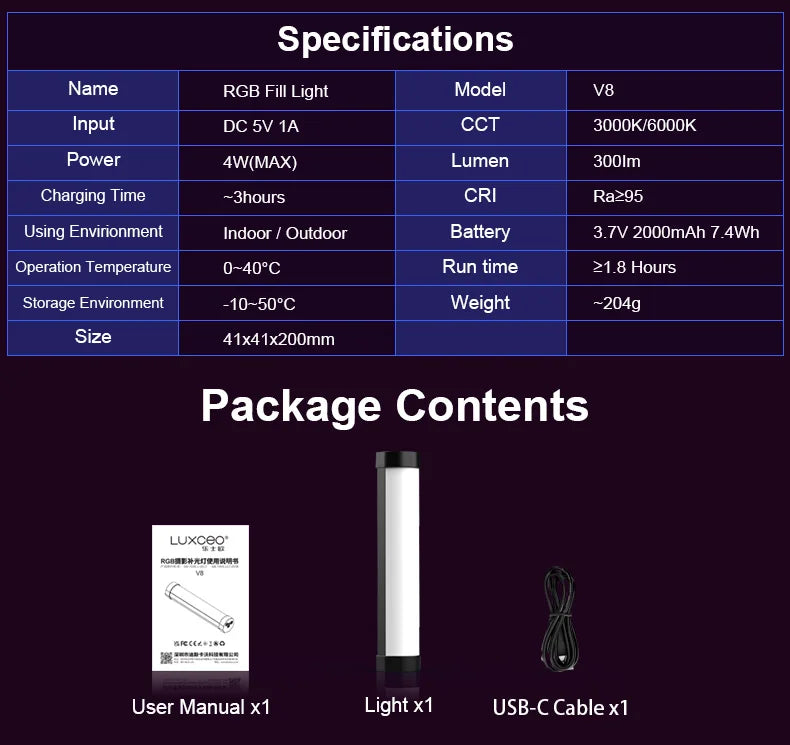 LUXCEO V8 portátil RGB luz de vídeo lámpara de jugador 2000mAh foto Video grabación Selfie iluminación luces de relleno para Vlog/YouTube