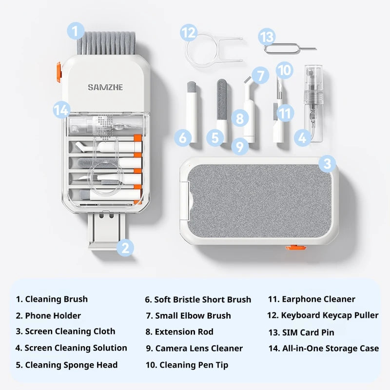 SAMZHE 14 en 1 Kit de herramientas de limpieza multifuncional Kit de cepillo de limpieza de teclado Bolígrafo de limpieza de auriculares para auriculares de teléfono Kit de limpieza profunda de teclado para puertos de