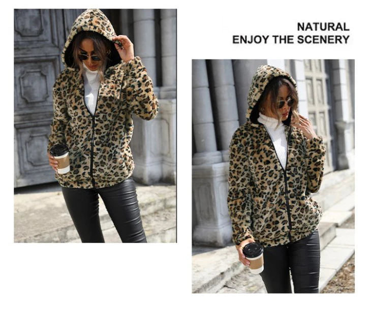 Otoño Invierno mujer moda abrigos con capucha manga larga estampado de leopardo de doble cara de felpa suelta cálida chaqueta gruesa abrigo con cremallera para mujer