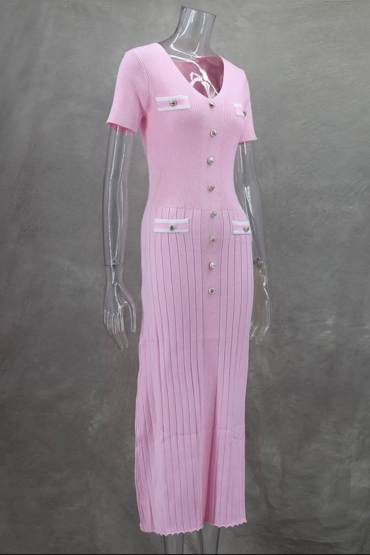 Vestido largo de punto con cuello en V para mujer, suéter elegante de un solo pecho, ropa de calle ceñida al cuerpo, moda de verano, 2024
