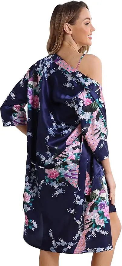 Conjunto de camisón y kimono de satén floral para mujer con camisola, ropa de dormir de 2 piezas, albornoz de pavo real