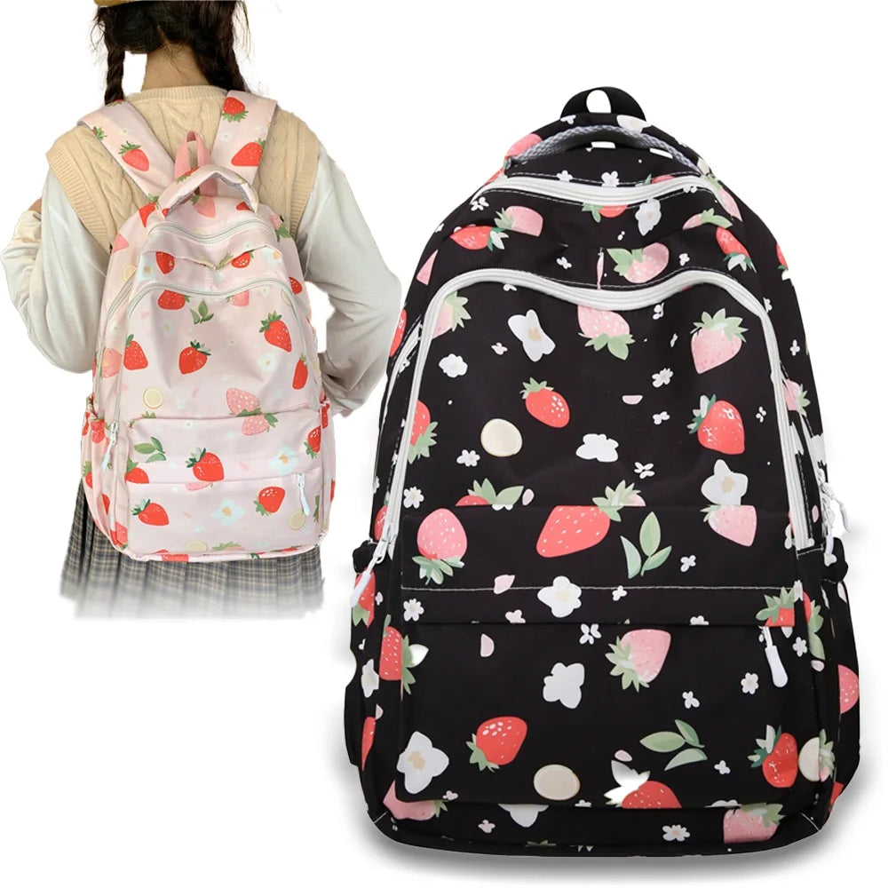 Mochila de Nailon con Estampado de Fresas, Linda y Ligera, Resistente al Agua, con Múltiples Bolsillos, para la Escuela y Uso Diario