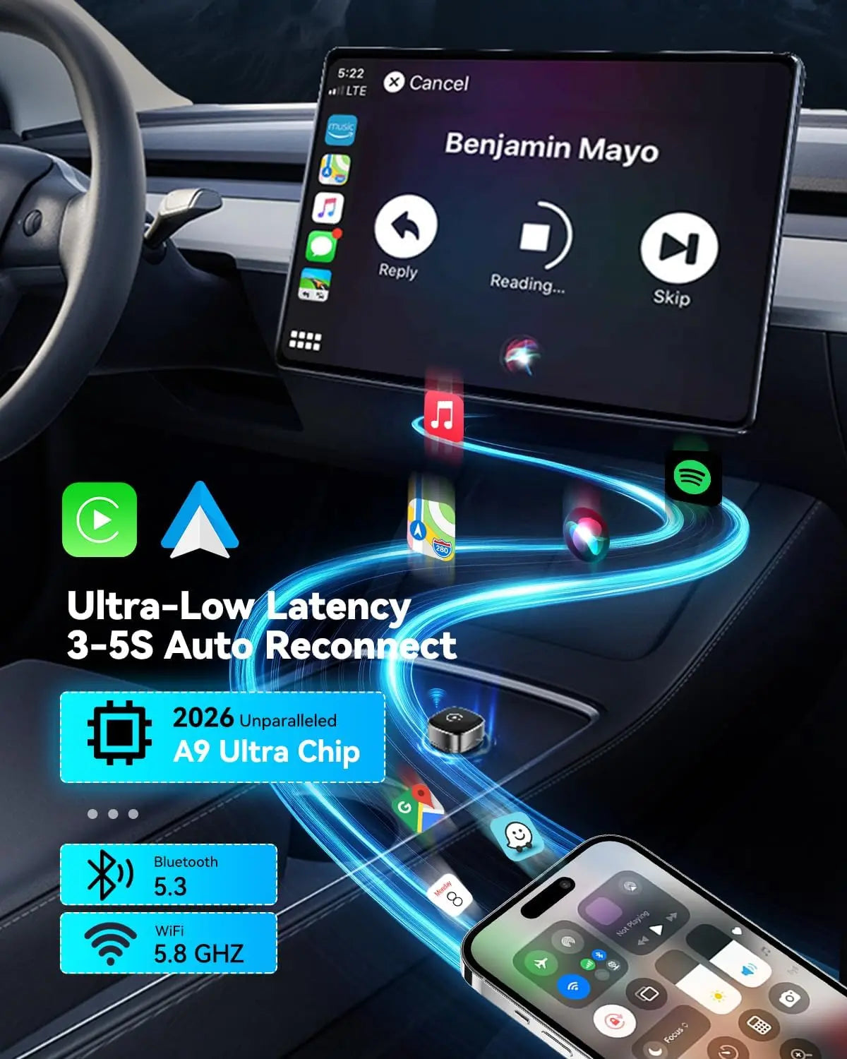 Adaptador Inalámbrico Ultra Mini Carplay 2026 para iPhone y Android Auto USB para Apple Car Play Dongle Plug & Play para iOS, Android