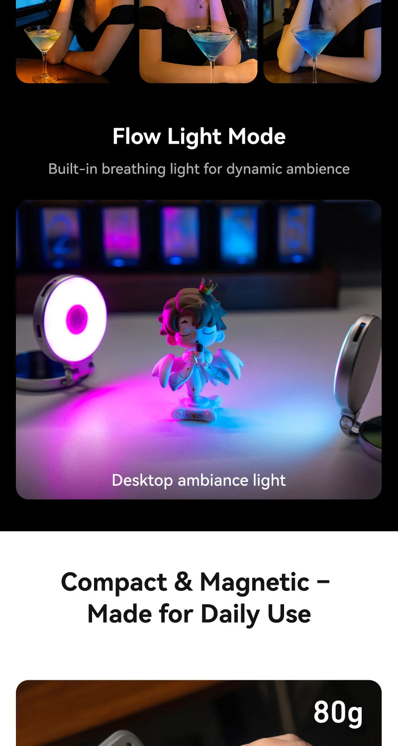 TELESIN Magnético 360 °   Mini Lámpara de Relleno RGB Giratoria, Luz para Selfies con 3 Modos de Color y Brillo Ajustables para Teléfonos Inteligentes iPhone y Android