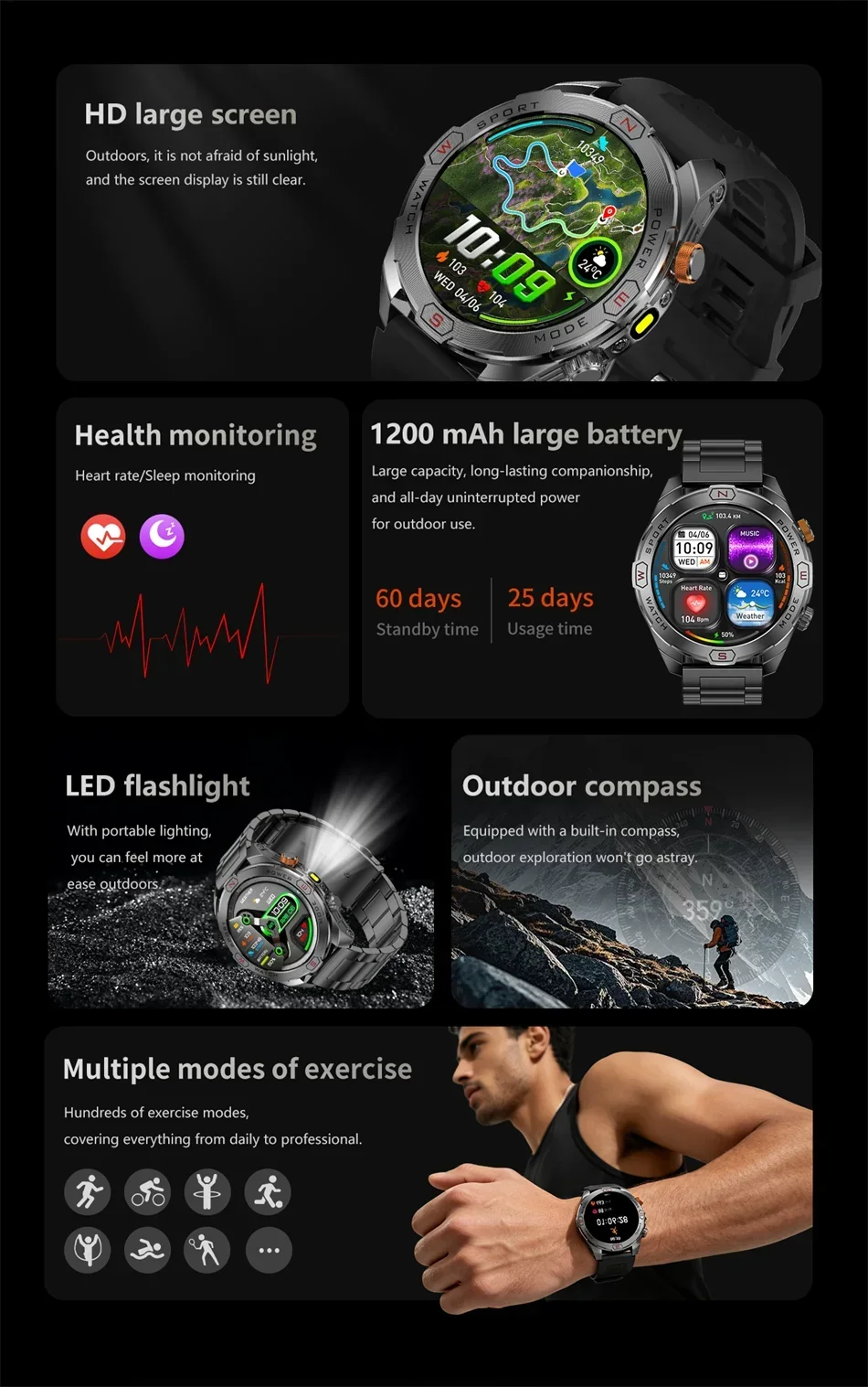 Reloj Inteligente Militar 1200mAh Brújula